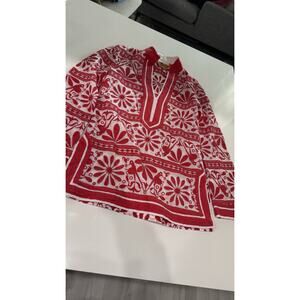 Tory Burch Jayne Red & White Embroidered Tunic – Size 6 – 100% Cotton Boho Chic